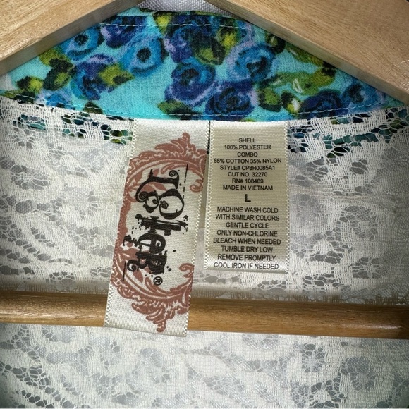 L8ter Blue Floral & Lace Tie Front Long Sleeve Button Down L - Picture 4 of 4
